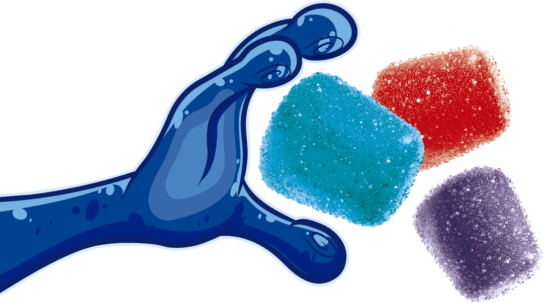Illustration of a blue alien hand reaching for colorful Toztecas Wild Drops gummies.