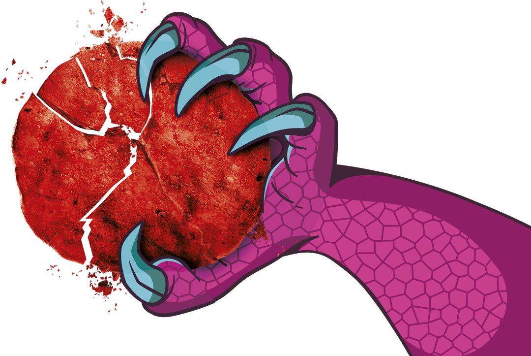 Illustration of a purple monster hand with sharp claws crushing a Tozteca Fire Spot chip.