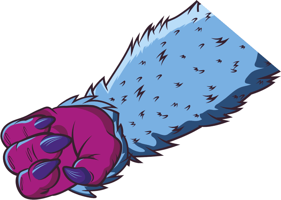 Illustration of a furry blue and pink monster hand with sharp purple claws.