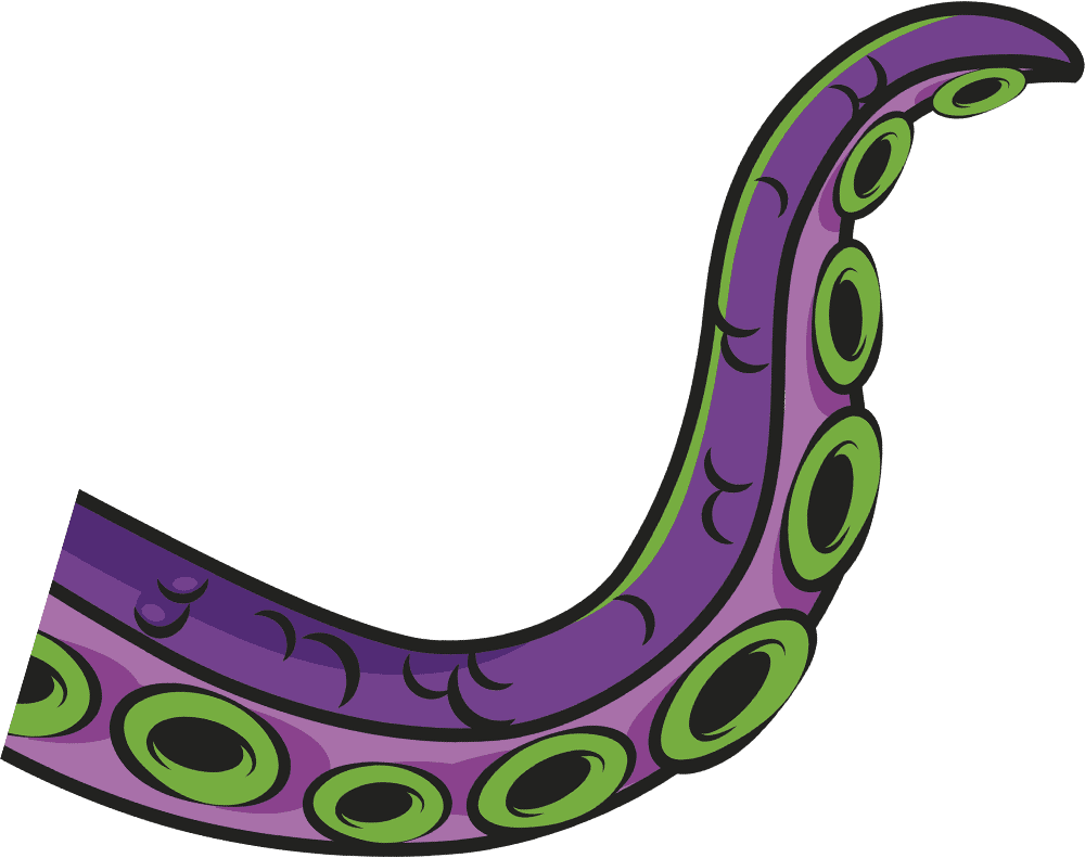 Illustration of a purple alien tentacle with green suction cups.