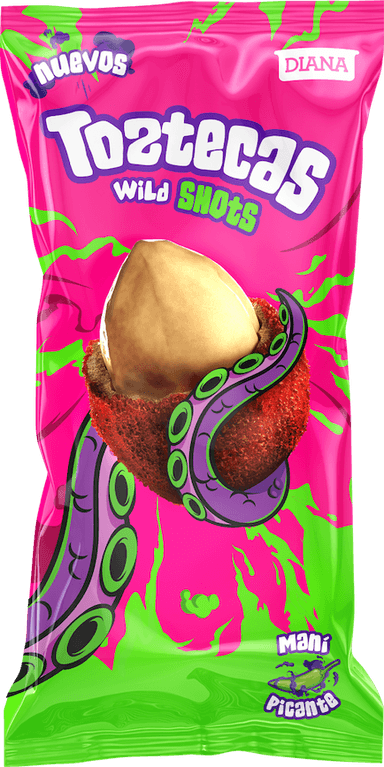 Bag of Toztecas Wild Shots, a crunchy peanut with a spicy twist.