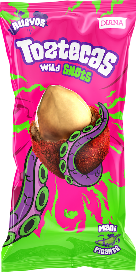 Bag of Toztecas Wild Shots, a crunchy peanut with a spicy twist.